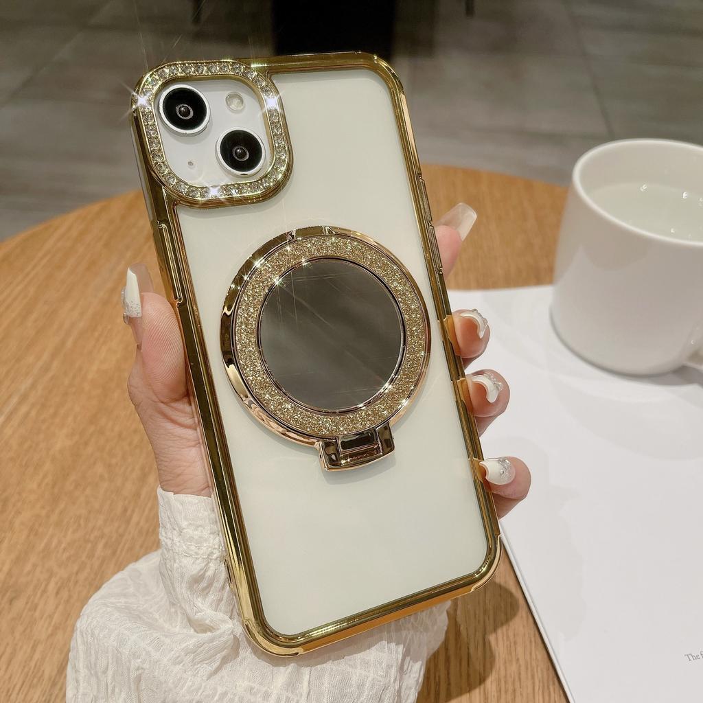 Подходит для iPhone15promax Зеркальная магнитная подставка, Чехол для телефона, Вспышка для объектива iPhone 14, 13 Градиентный глиттер