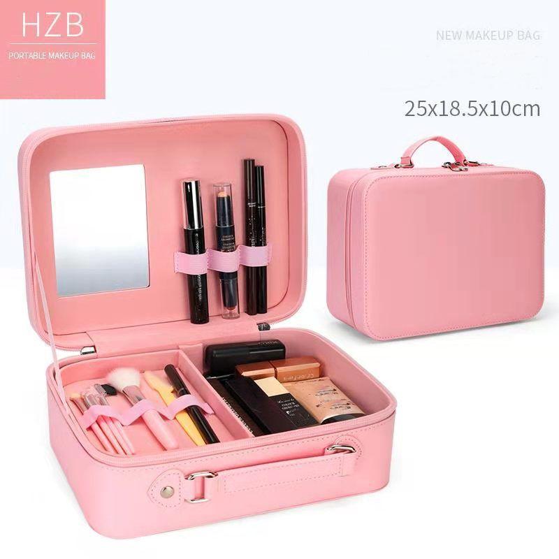 Косметичка большой емкости с зеркалом Портативный косметичка для путешествий Портативный косметический чехол для хранения Косметичка-органайзер Розовая косметичка