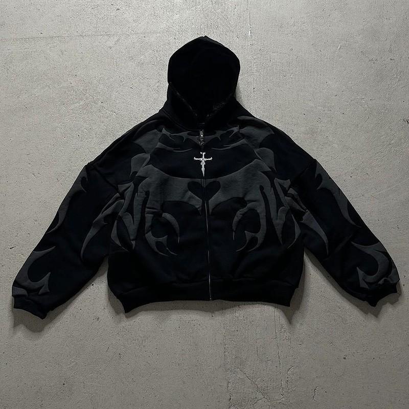 Unisex Streetwear Hooded Zip-Up Sweatshirt With 3D Foil Print Dark Aesthetic Regular Fit