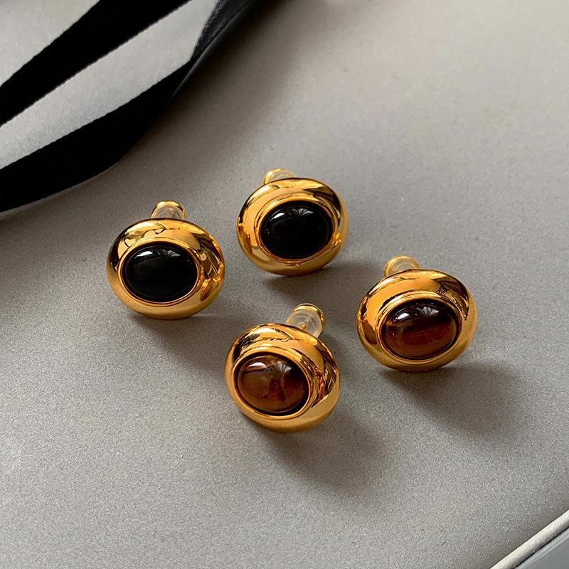 Vintage Tiger Eye Stone Earrings: Gold Electroplated, Sterling Silver Needle, Unique Light Luxury Design