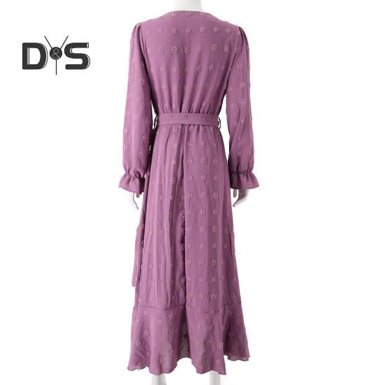 Women Spring Fall Dress Dot Applique Solid Color V Neck Belted Tight High Waist A Line Irregular Ruffle Hem Bohemian Flowy Wedding Party Maxi Dress