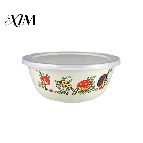 Salad Bowls Clear Pattern Enamel Bowl with Lid Nostalgic Rice Basin Chinese Style for Dinner