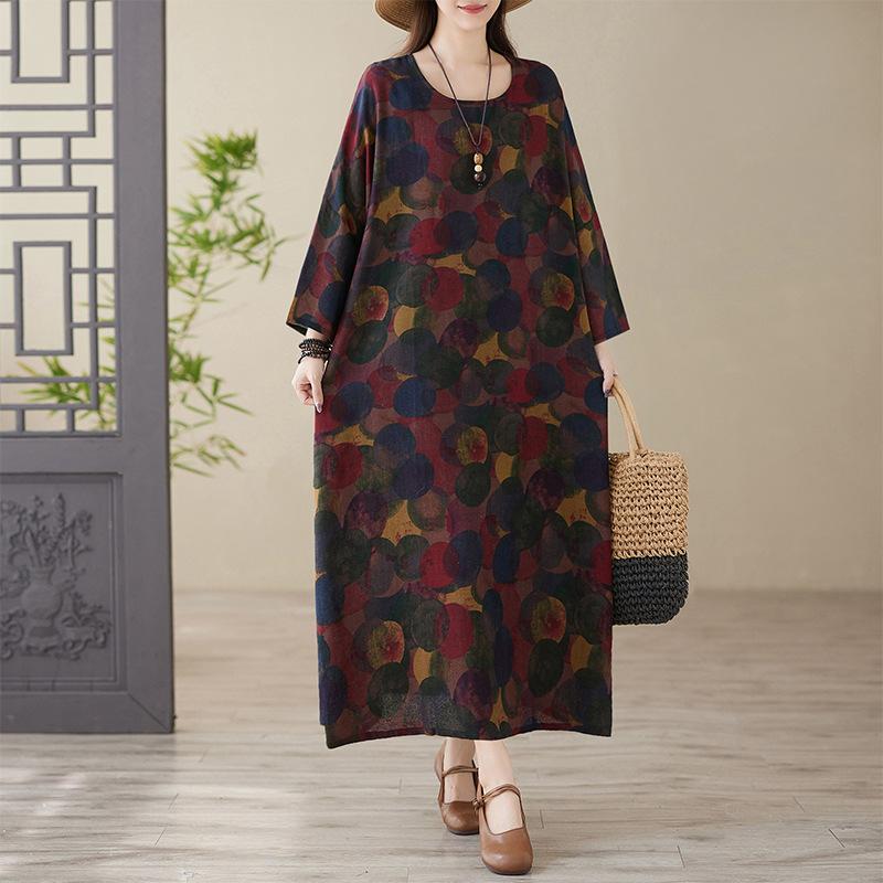 Весеннее цветное платье в стиле «отпуск», для путешествий в стиле ретро, свободное, повседневное, большого размера, с длинными рукавами, из хлопка и льна