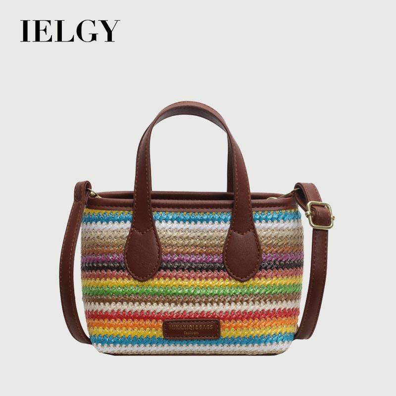 Ielgy Seaside Vacation Beach Bag Summer Trendy Messenger Bag Commuter Woven Straw Portable Bucket Bag