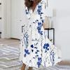 Women Elegant Floral Print Maxi Dress V-neck Waist Gown Long Sleeve High Dress A-Line Long Dress Streetwear