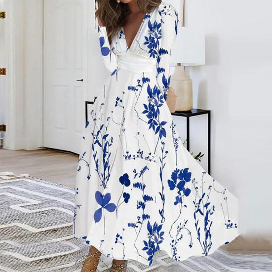 Women Elegant Floral Print Maxi Dress V-neck Waist Gown Long Sleeve High Dress A-Line Long Dress Streetwear