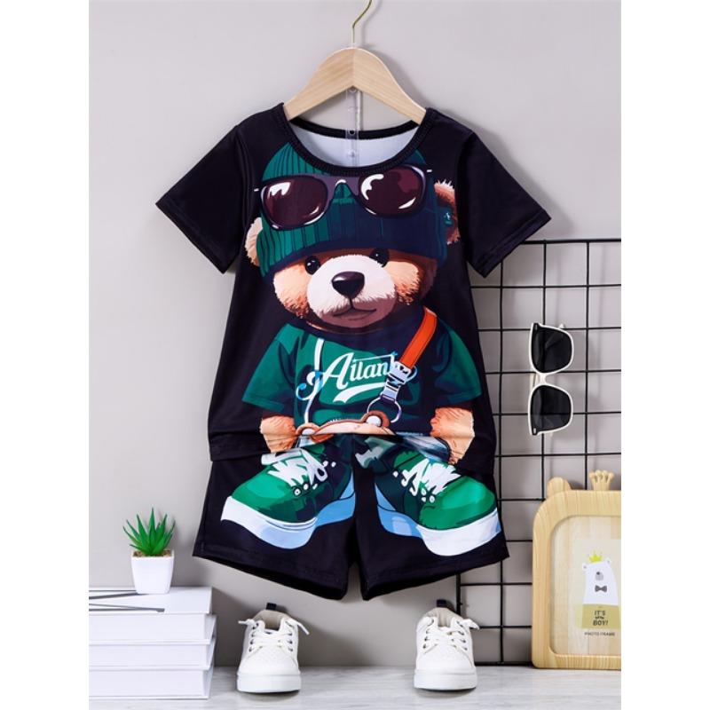 Комплект из 2 предметов: мужская футболка с коротким рукавом и шорты на шнурке с принтом мультяшного медведя, летний повседневный топ, мужские пляжные брюки для спорта на открытом воздухе