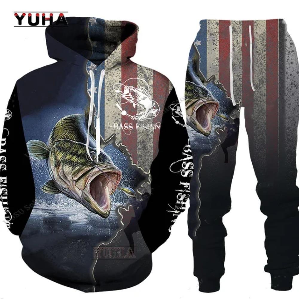 Four Season 3D Carp Fishing Hunting Camo Printed Men's Hoodie Pants Tracksuit Set Sportswear Long Sleeve Men Clothes Hoodie/Suit