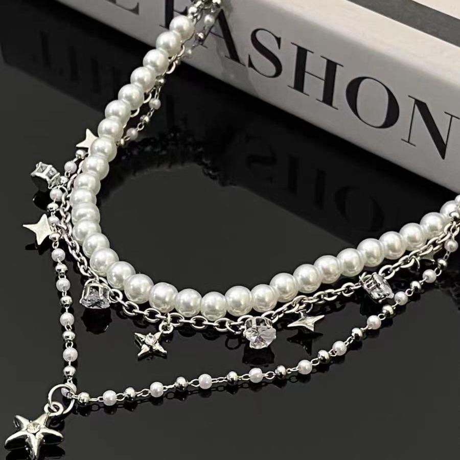 Zircon star pendant, pearl necklace, women's double-layer stacked wear, light luxury niche collarbone chain, neck chain 1111 new accessories