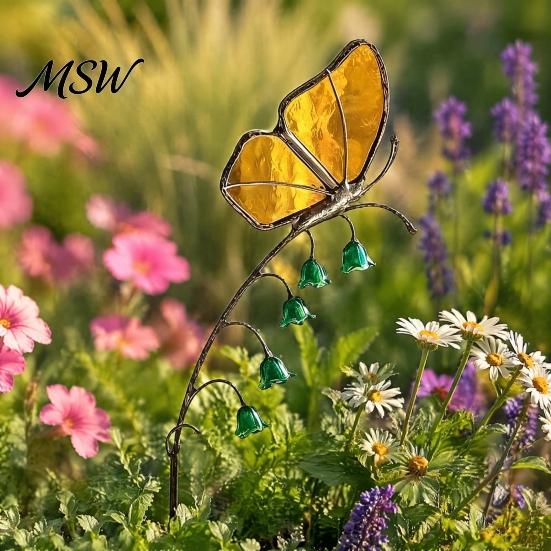 Iridescent Dragonfly Garden Decor Dragonfly/Butterfly/Ladybug/Bee/Snail Stake, Lily of The Valley Metal Yard Art for Weather Resistant Stakes