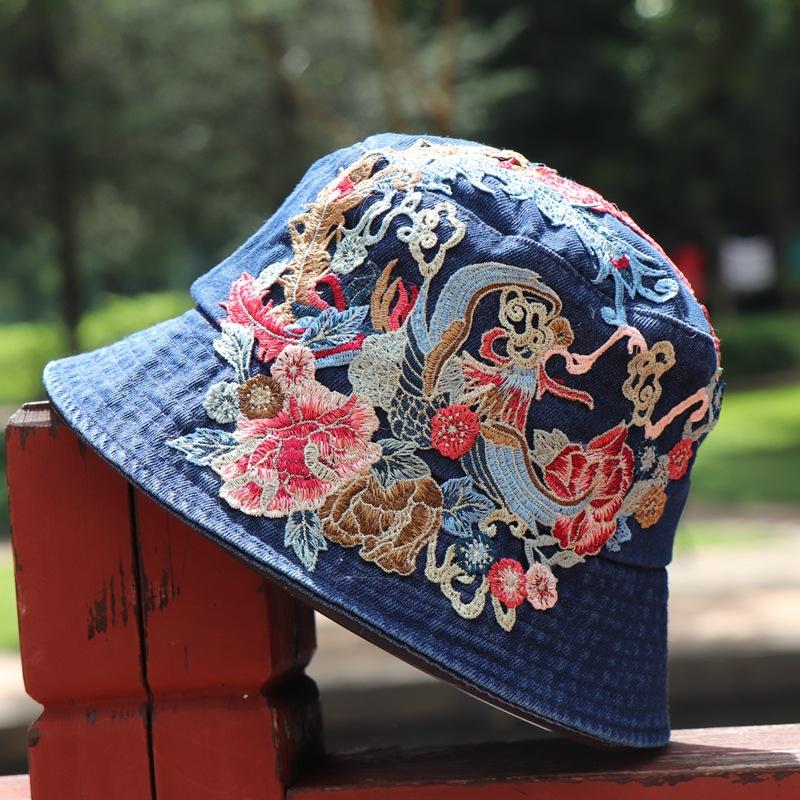 Весенняя, летняя и осенняя женская модная шляпа-ведро в этническом стиле с вышивкой из денима для улицы, защищающая от солнца, для путешествий и улиц