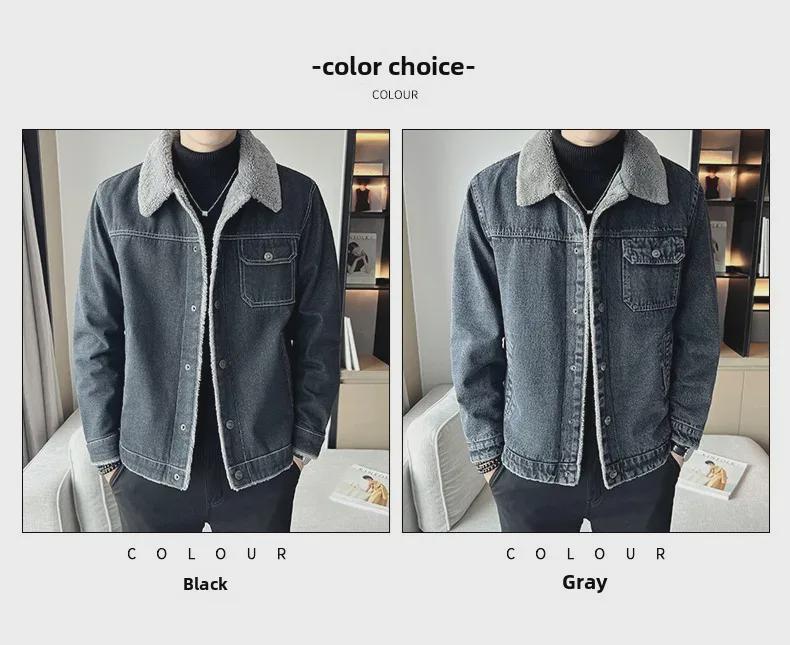 Мужское зимнее джинсовое пальто из овчины с бархатной подкладкой — утолщенное, повседневное, с лацканами, большого размера.