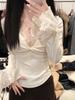 [Kede Velvet] Кружевная футболка с V-образным вырезом и длинным рукавом женская осенне-зимняя приталенная кофта-бадлон абрикосовая