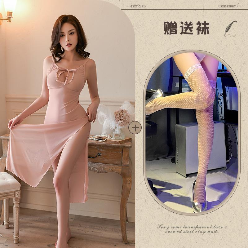 Sex underwear new sexy babes hollowed out and thin medium and long dress inner robe high waist slit