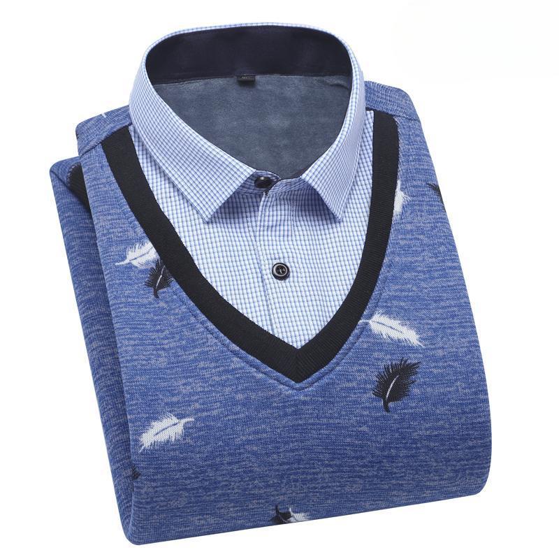 Осенне-зимний бархатный утолщенный поддельный свитер с длинными рукавами и воротником-стойкой для мужчин, повседневный теплый вязаный свитер