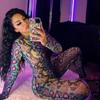 Women Sexy Mesh Snake Print Long Sleeve Jumpsuit Transparent Jumpsuit