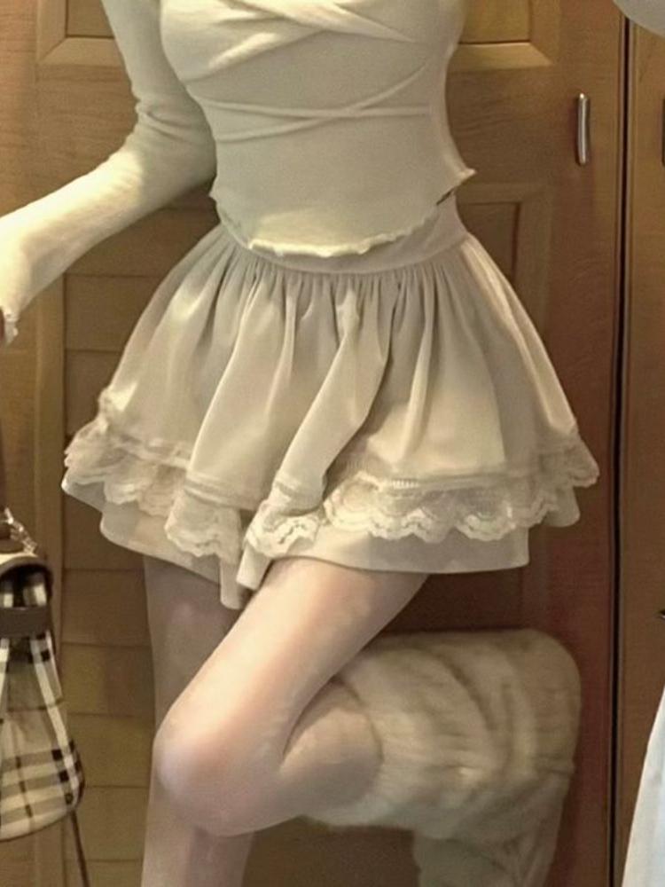 Janpanese Kawaii Sweet комплект из 2 предметов, женский вязаный топ с вырезом крестом, мини-юбка для торта, женский корейский модный дизайн, повседневный костюм, новинка 2024 года