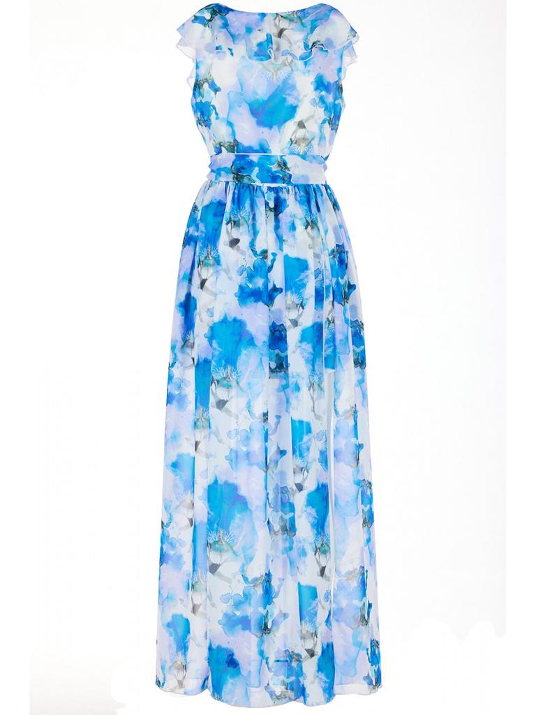 V-Neck Chiffon Maxi Dress with Blue Floral Pattern S