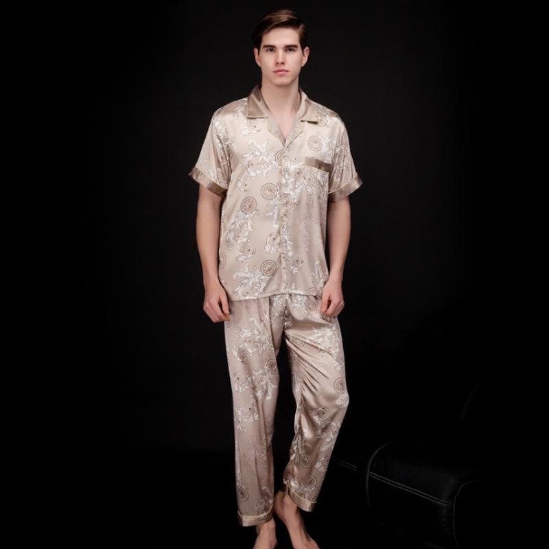 Wenhuai Men's Silk Pajama Set: Short Sleeve Top & Long Pants