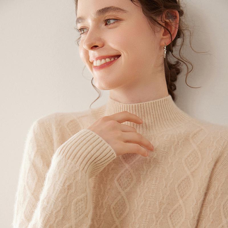 Retro Cable Knit Women's Cashmere High-Neck Pullover Sweater with Slimming Twist Pattern