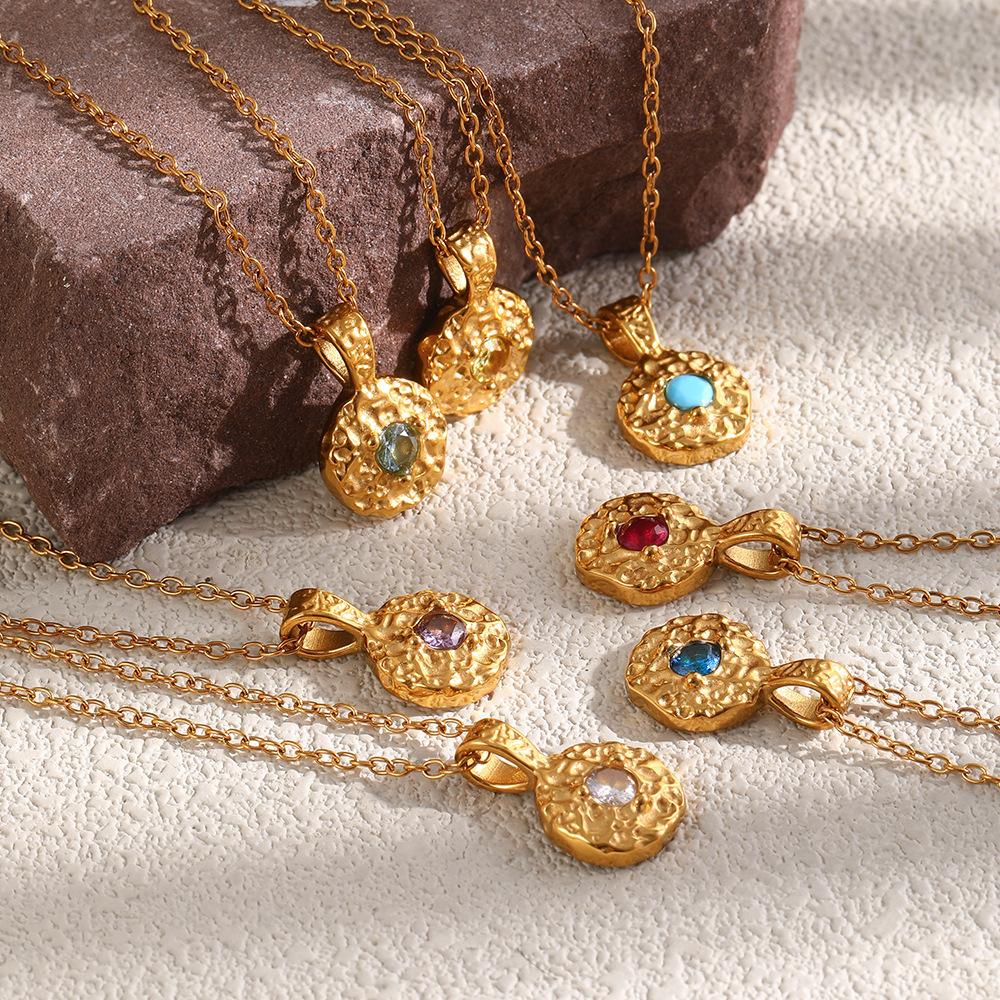 Colorful Zircon Hammered Texture Round Pendant Necklace Stainless Steel 12 Constellation Charms Gold Plated Jewelry for Women
