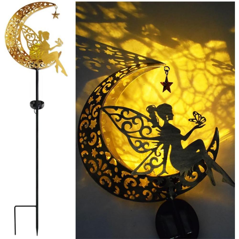 Solar Moon Flower Fairy Light, garden decoration wrought iron beautiful fairy ground light, wireless LED waterproof light from dusk to dawn. 1 piece