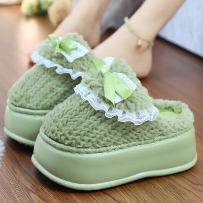 Новые толстые пушистые зеленые тапочки школьные мюли для девочек обувь для общежития кружевные тапочки с бантом женские домашние тапочки теплая домашняя обувь