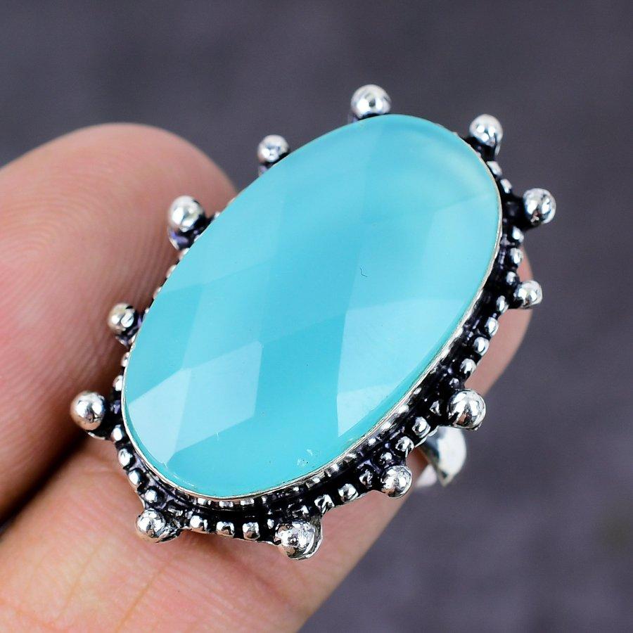 Кольцо из стерлингового серебра 925 пробы с натуральным водным халцедоном ручной работы, размер 7,5 y6B01