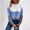 Autumn and Winter Knitted Sweater Women's Contrasting Color Spliced Round Neck Long Sleeved Pullover Top