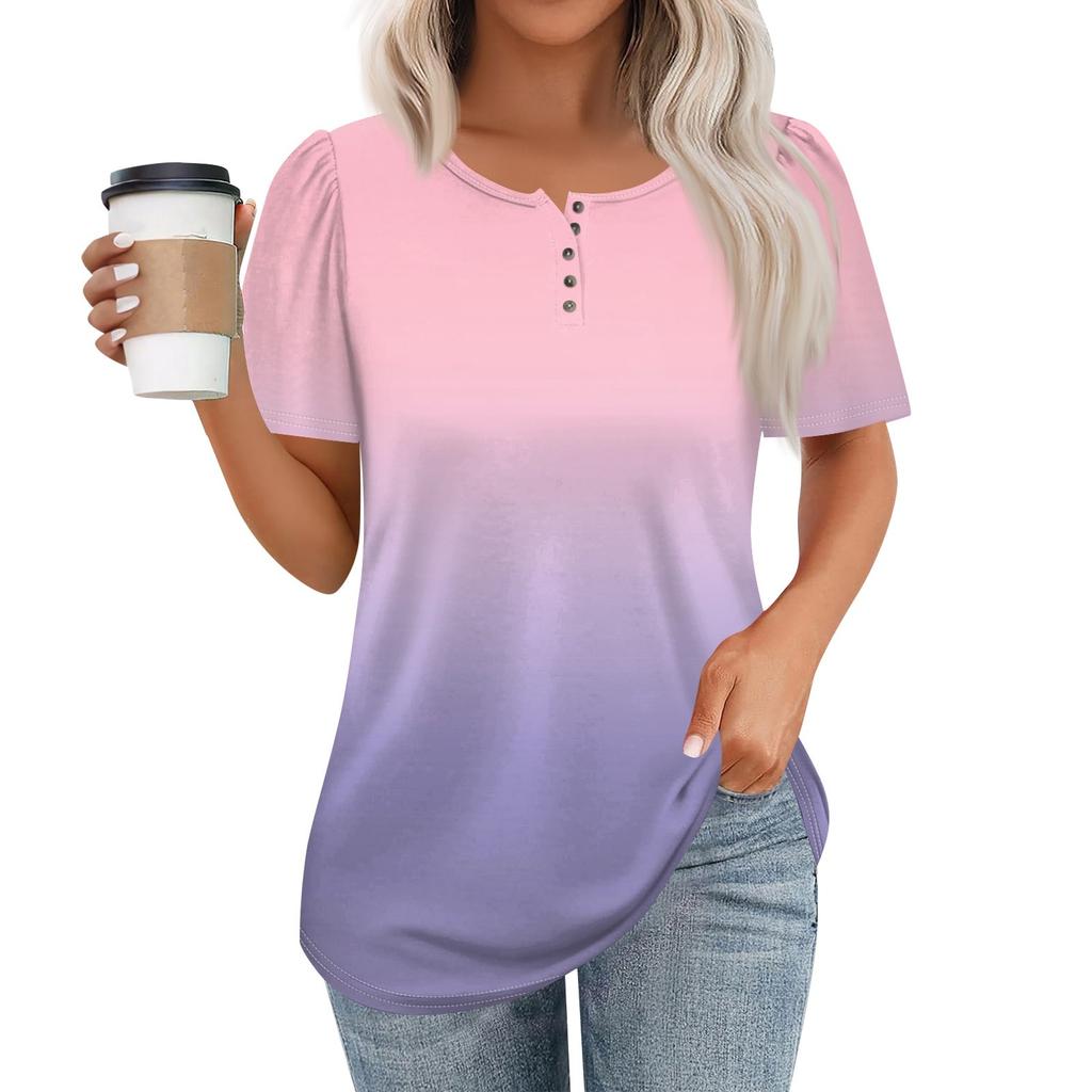 Женский модный повседневный короткий рукав пуловер с принтом на пуговицах и круглым вырезом