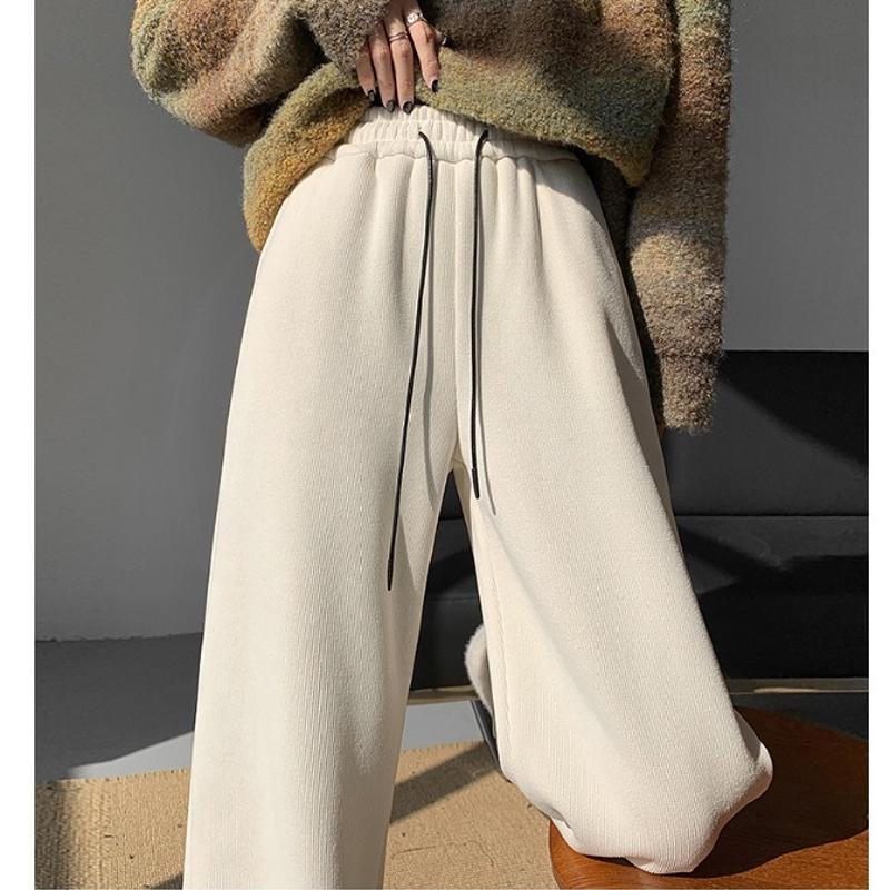 Fashion Women Drawstring Loose Casual Wide Leg Pants Autumn Fleece High Waist Winter Velvet Trousers for Women Elegant Solid Straight Lady Pants 2357