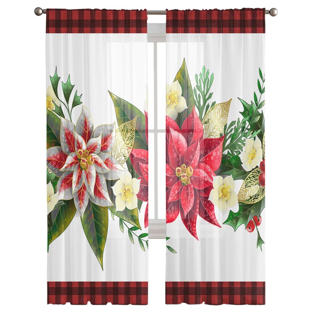 Christmas Poinsettia Watercolor Window Tulle Curtains For Living Room Kitchen Christmas Home Decor Sheer Voile Curtains