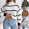 Autumn and Winter Semi High Neck Casual Striped Thick Knitted Sweater for Women