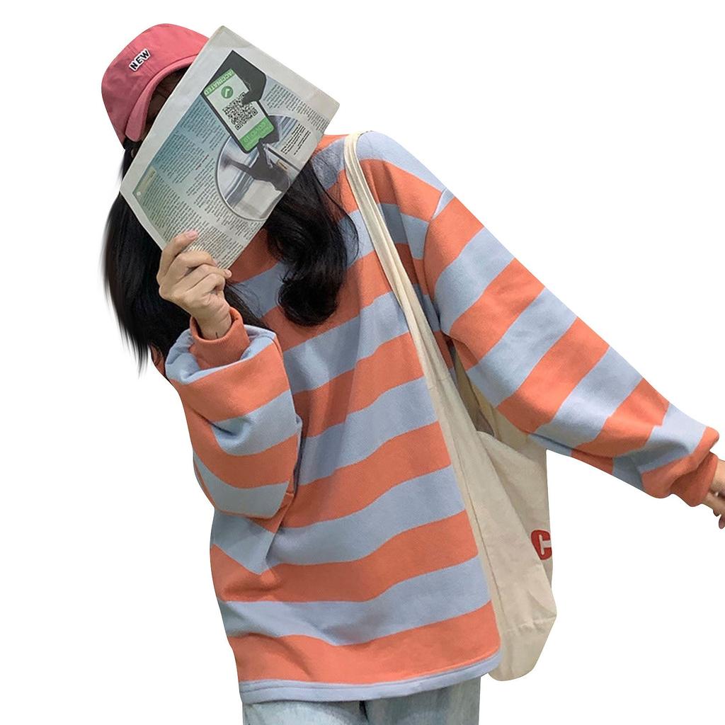 Женская полосатая толстовка, свободный пуловер с круглым вырезом