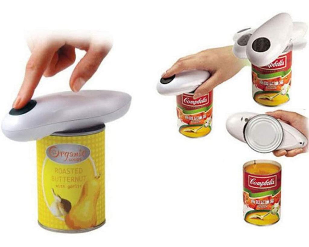 White electric can opener figure-eight bottle opener