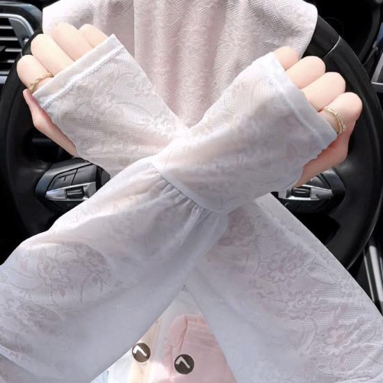 Summer Lace Arm Sleeves for Women UV Sun Protection Fingerless Long Gloves Floral Lace Sunscreen Sleeve for Driving Cycling
