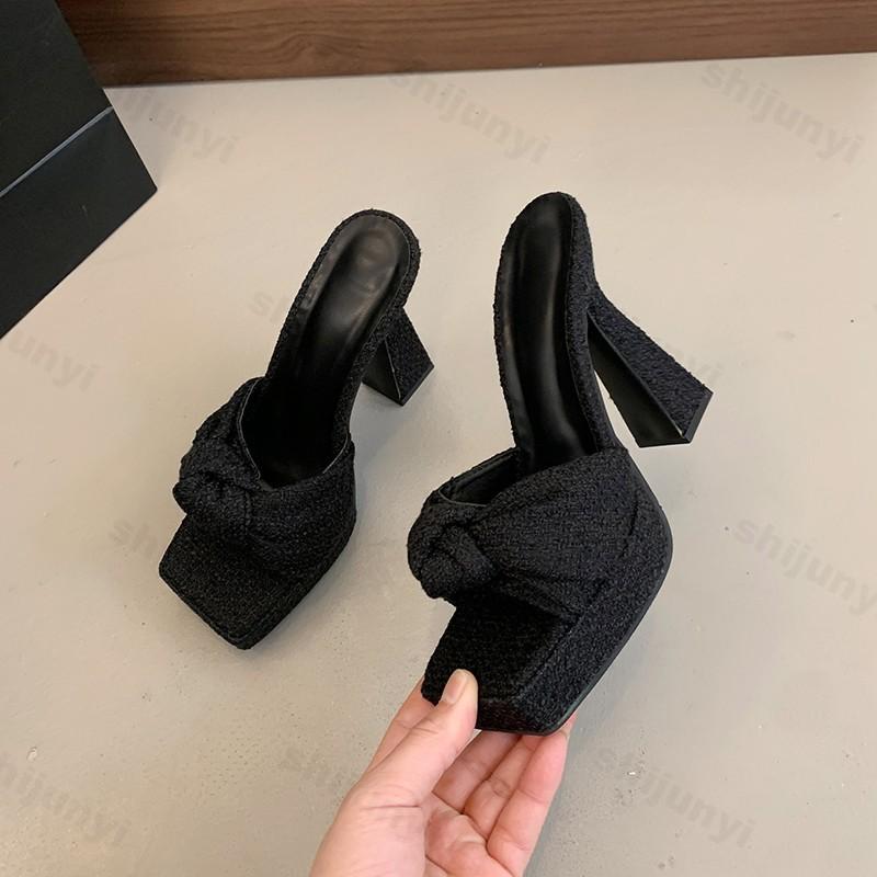 Модный водонепроницаемый дизайн, шлепанцы на высоком каблуке, лето 2025, новинка, женские сандалии с квадратным носком, открытым носком, бантами, модные элегантные для улицы, для вечеринки