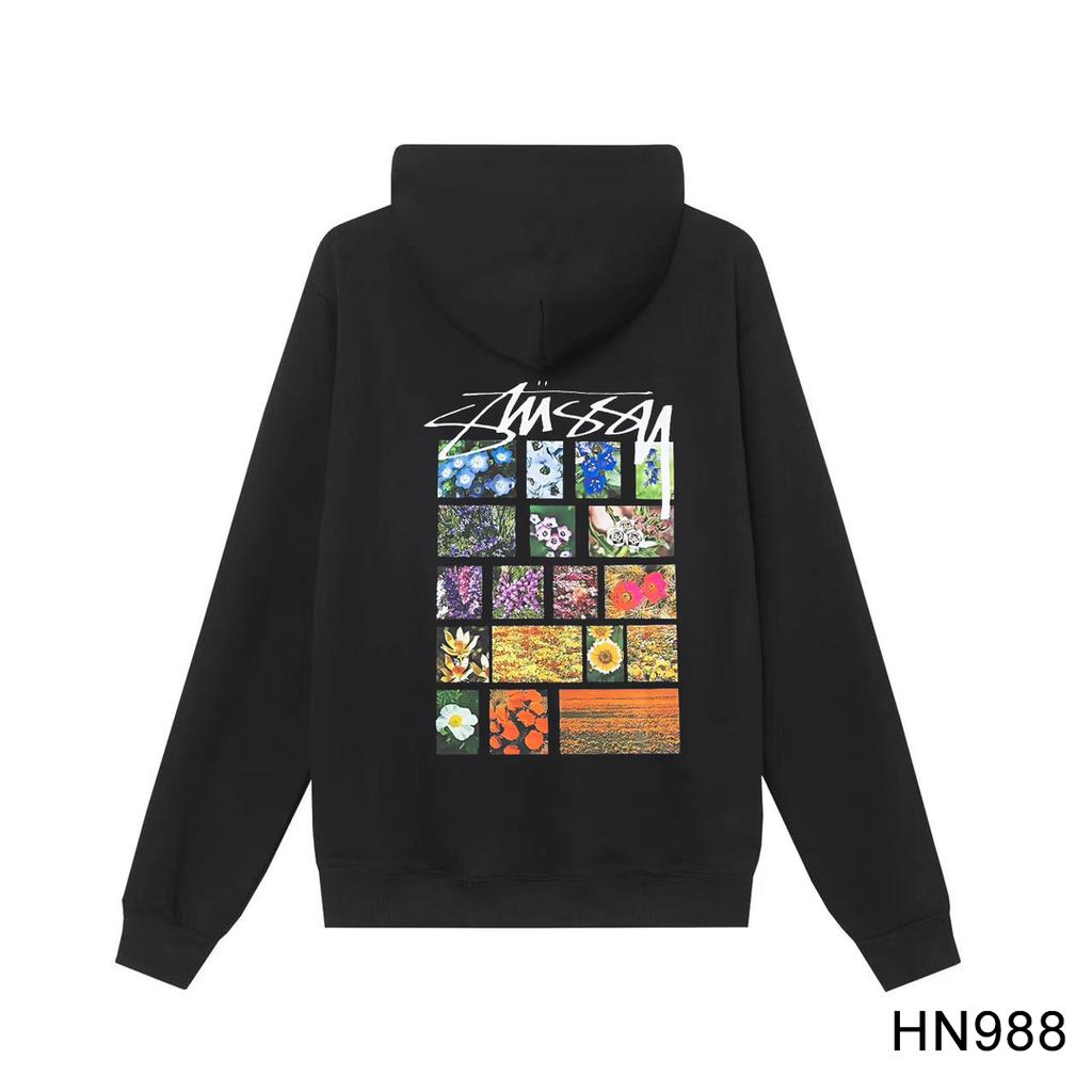 Stussy 2025 Новая весна и осень свободная толстовка большого размера с тонким разноцветным цветочным узором и принтом из хлопка с капюшоном для пары