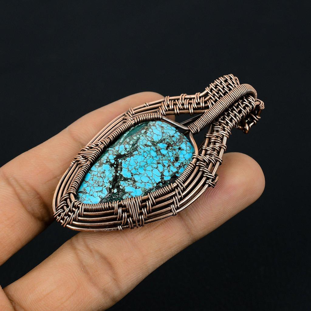 Tibetan Turquoise Pendant, 999 Copper Wire Wrapped Gemstone Jewelry, Handmade Pendant, For Thanksgiving