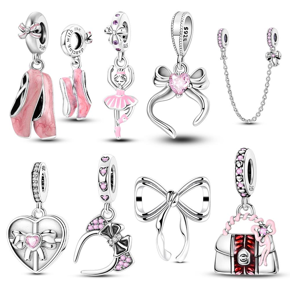 925 Silver Pink Bowknot Charms Beads Fit Original Bracelet Pendants Dangle Diy Jewelry Gift Charm For Women