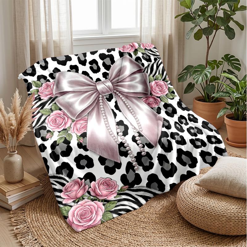 Pink Roses and Bow on Animal Print 1 Theme blanket Lightweight Warm Flannel Blanket Decorative Throw Blanket for Home Decoration