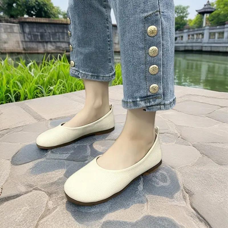 Fashion Leather Casual Women's Flat Shoes Round Toe With Heel Formal Chic and Elegant Slip On Point Popular 2025 Summer Ladies Footwear