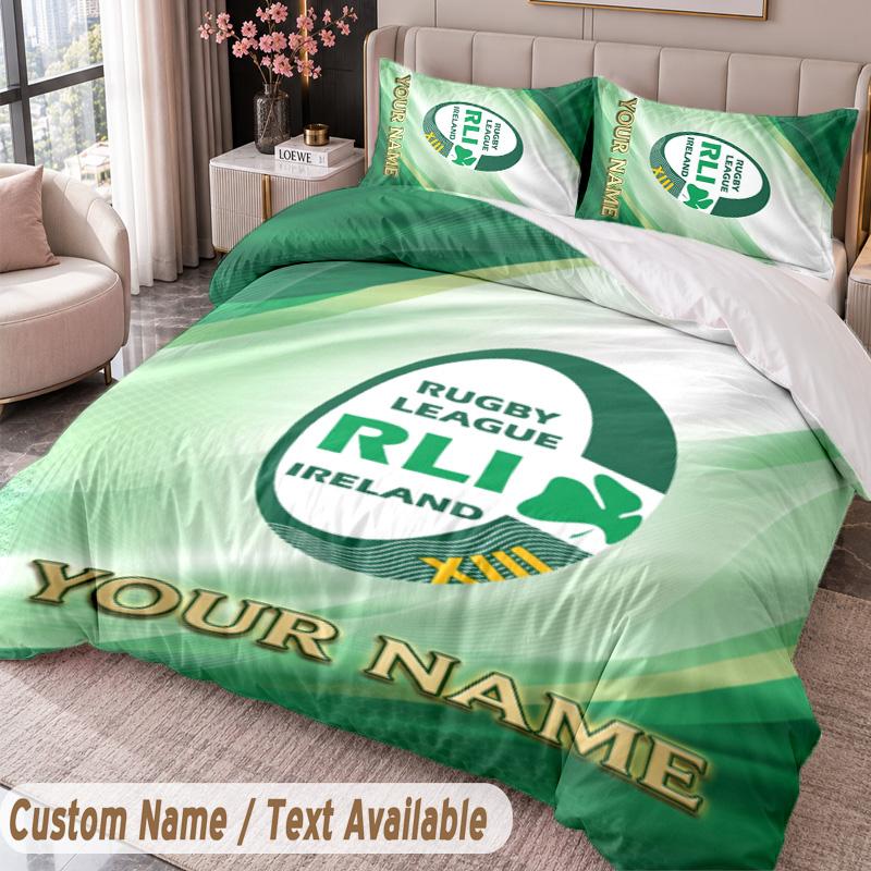 Ireland Rugby Printed Bedding Set Custom Name Text 1 Duvet Cover 2 Pillowcases For Bedroom