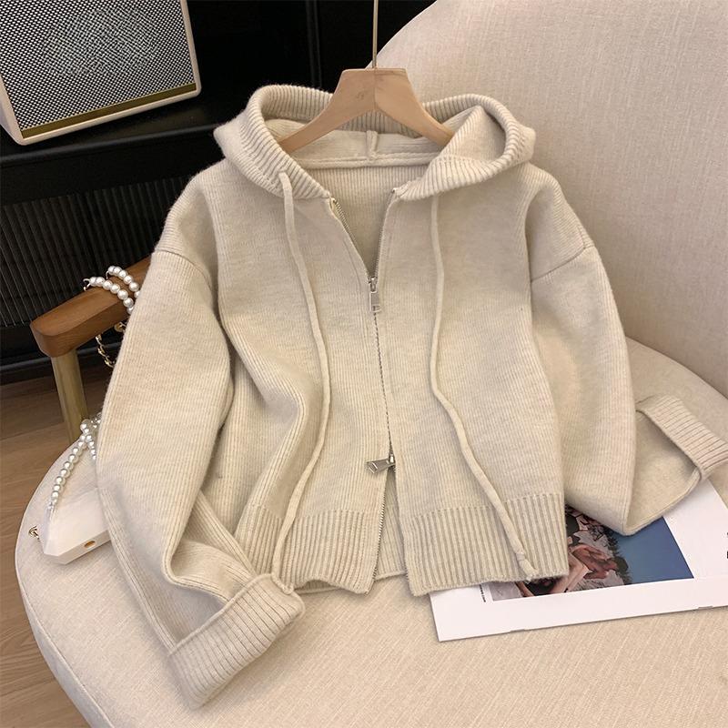 Осенне-зимний свободный свитер-кардиган с капюшоном на молнии для женщин, модные повседневные вязаные кардиганы, куртки, женские элегантные приталенные теплые трикотажные пальто 25465