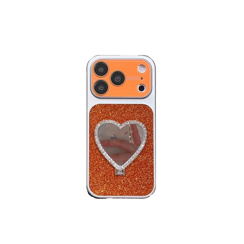 Чехол-подставка с зеркалом и блестками в виде сердца для iPhone 13/14/15/16/17 Pro Max
