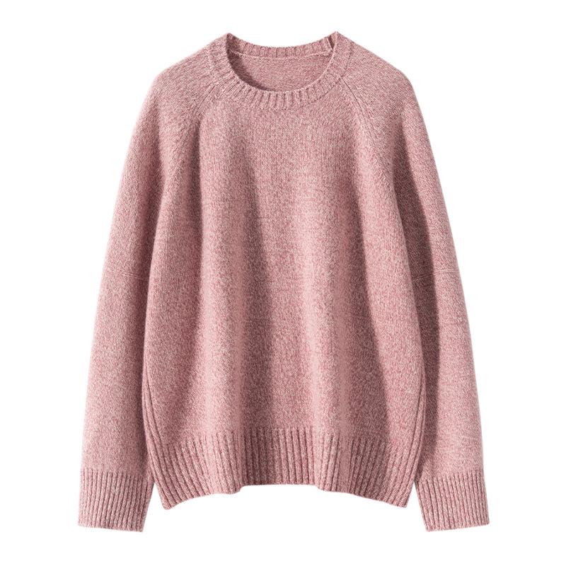 Women's Heavyweight Cashmere Sweater - Round Neck Marled Yarn Knit, Loose Long Sleeve