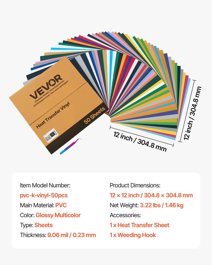 VEVOR Heat Transfer Vinyl, 50 Pack, 304.8 x 304.8mm, Assorted Colors HTV Iron on Vinyl Bundle, Easy to Cut and Weed, with Accessories