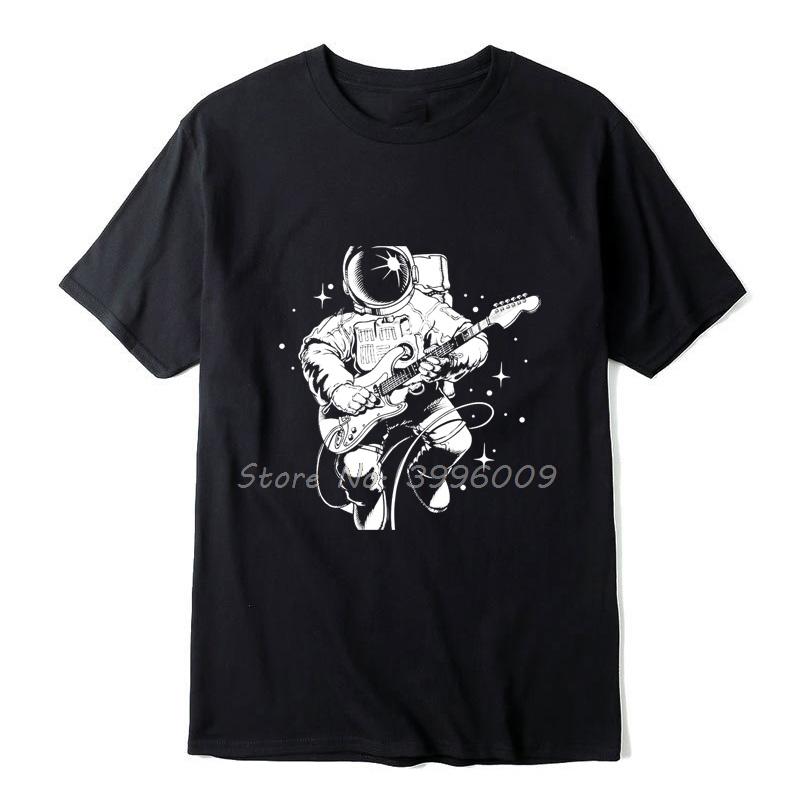 Men's Casual High Quality Short Sleeve T-Shirt Funny Astronaut Plays Guitar Print menTshirt o-neck t-shirt Men