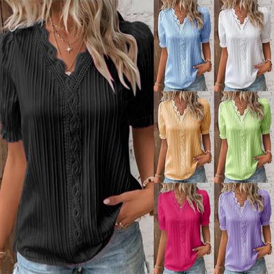 Летние женские рубашки с v-образным вырезом и кружевной строчкой в ​​стиле пэчворк, пуловер с короткими рукавами, офисный элегантный топ, офисная женская блузка