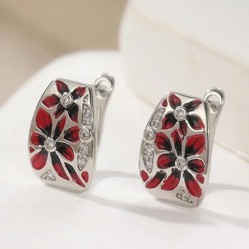 Простые красные эпоксидные серьги-кольца с резным цветком, ручная работа, эмаль, женские серьги с серебристым покрытием, свадебные серьги, праздничные украшения, подарок